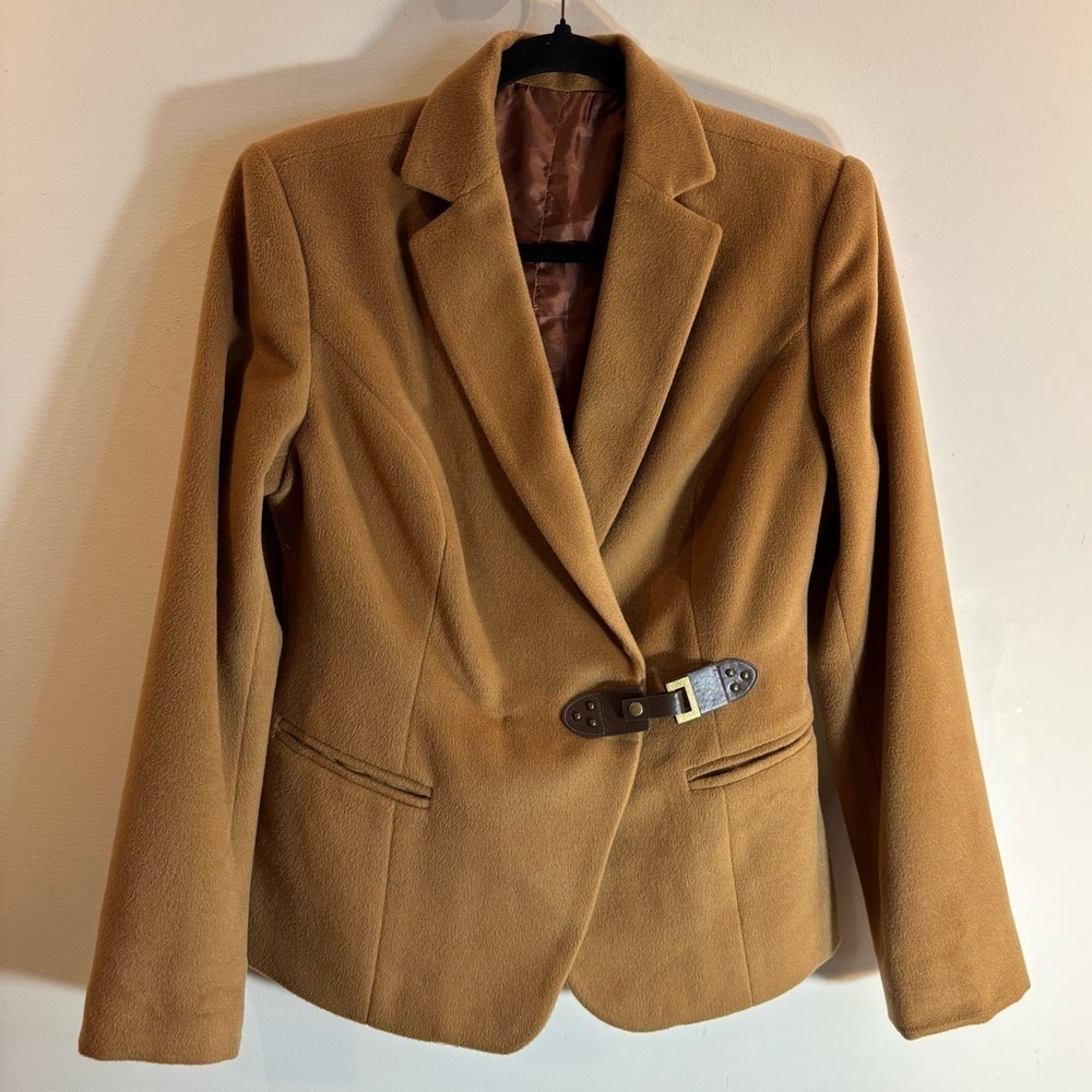 Unbranded Women's Tan Blazer with Buckle Detail Shoulder Pads Lined with Pockets
